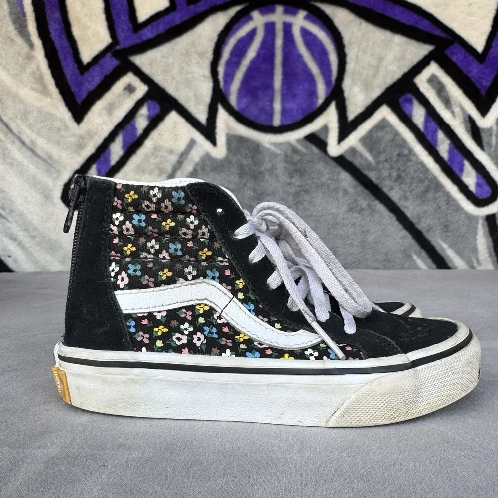 Size 11.5c - VANS‎ Toddler Sk8-Hi Zip Flowers Black /White Skate Canvas Sneakers